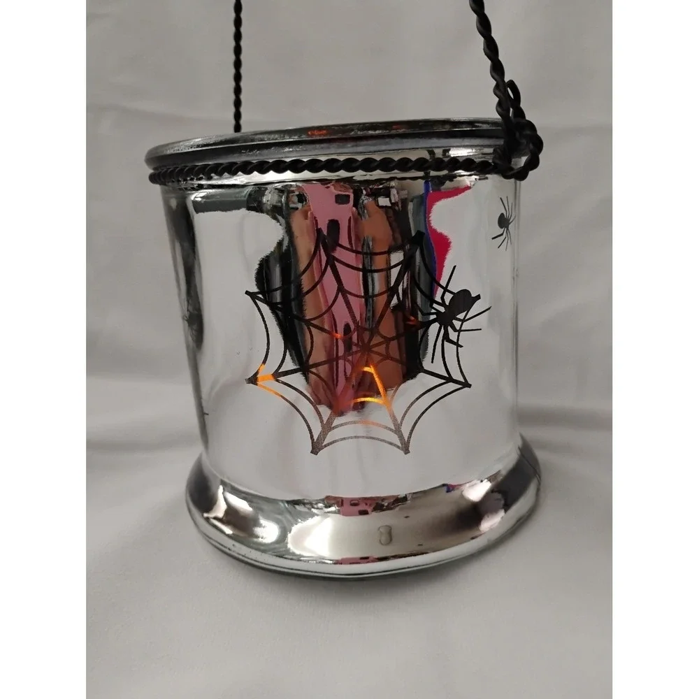 Halloween‎ Spider Web Candle Holder Lantern, Silver Glass Decoration